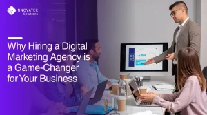 Professional presenting marketing data, representing hiring a digital marketing agency for business success