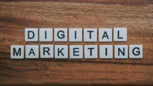 Digital Marketing Agency text spelled with letter tiles on wooden background