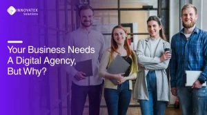 Team of professionals standing in office, representing a modern digital agency