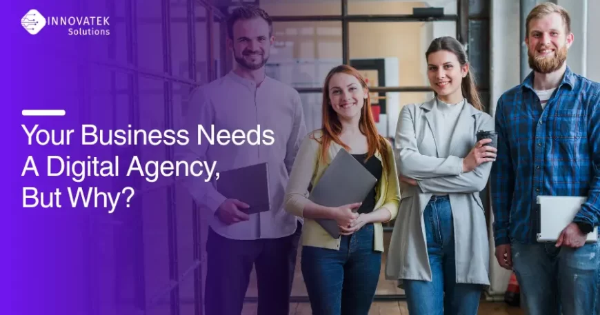 Team of professionals standing in office, representing a modern digital agency