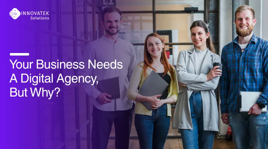 Team of professionals standing in office, representing a modern digital agency