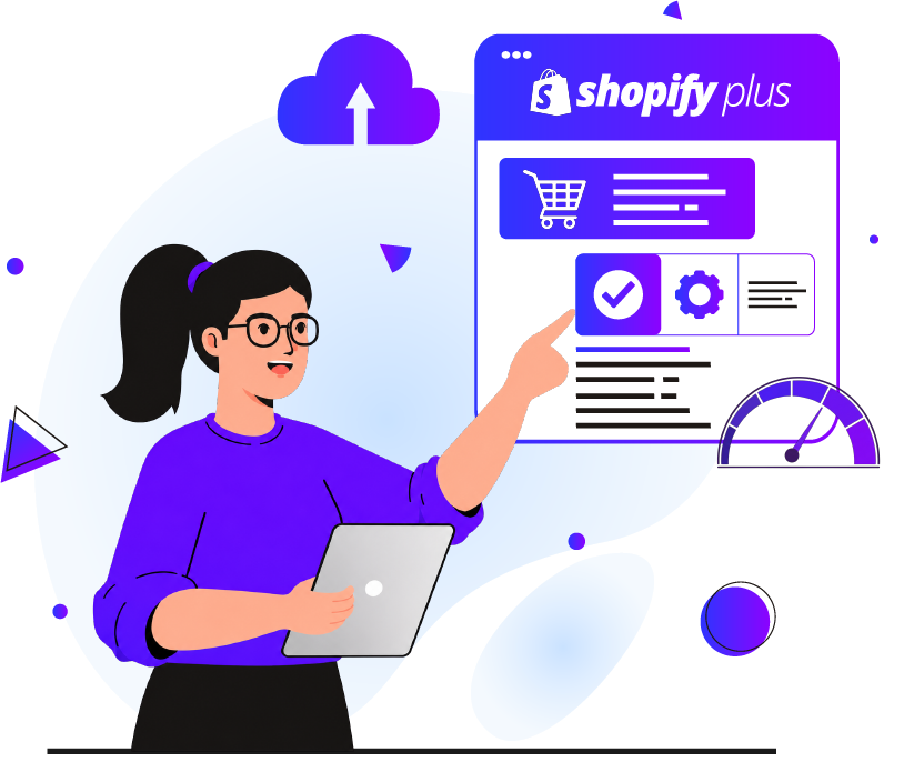 Shopify Plus development services dashboard with cart and settings icons