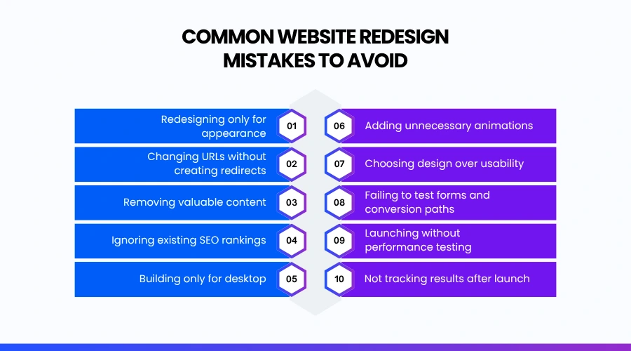 Infographic of 10 common website redesign mistakes to avoid.